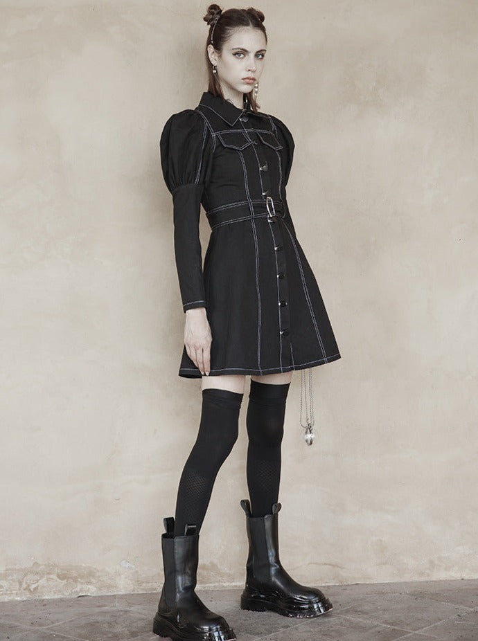 Double Pocket Waist Mark Denim Dress