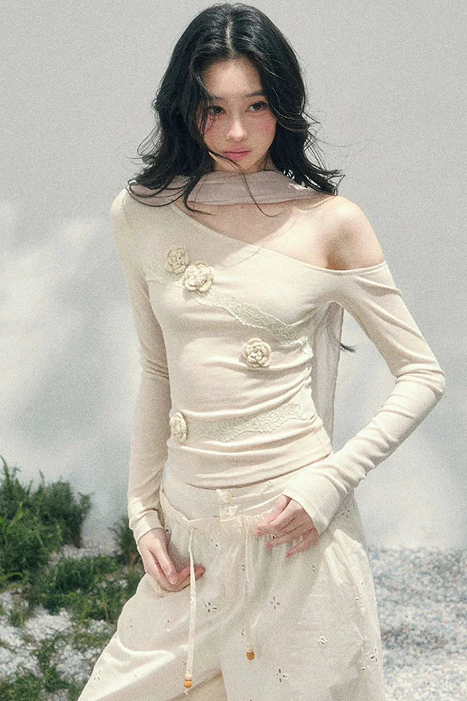Rose Whisper Lace Off-shoulder Top