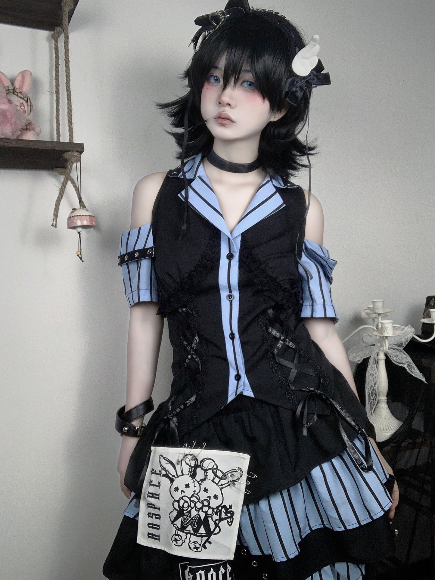 Code Rabbit Original Off Shoulder Striped Shirt + Asymmetric Striped Tiered Skirt + Cross Necktie
