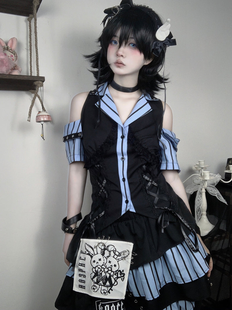 Code Rabbit Original Off Shoulder Striped Shirt + Asymmetric Striped Tiered Skirt + Cross Necktie