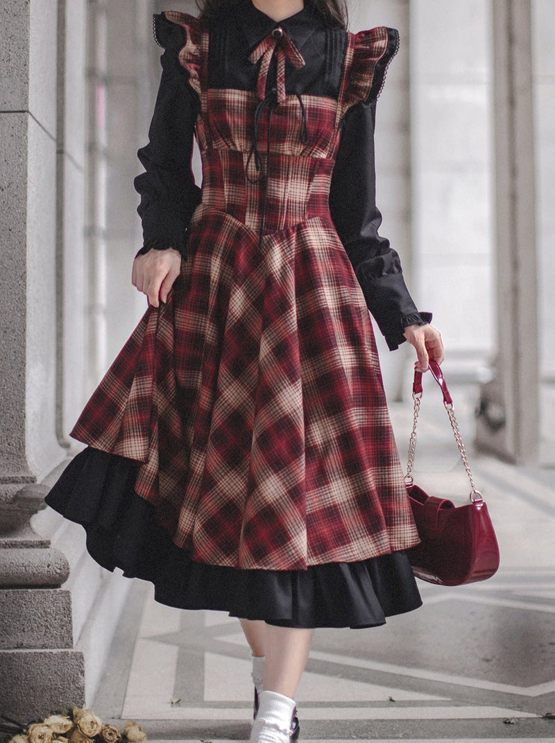 Retro Suit Black Ruffle Sleeve Shirt + Plaid Ruffle Shoulder Layered Dress + Ribbon Accessories [pre-order]