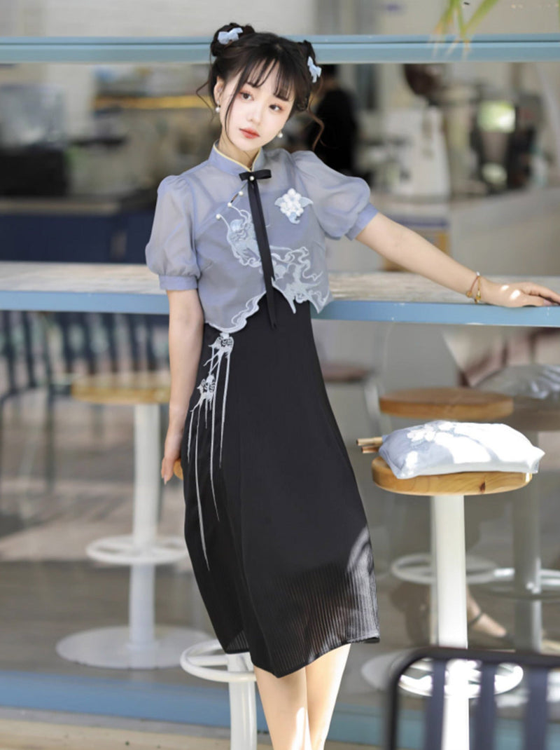 Sheer Short Chinese-style Shirt + Suspender Dress [short / Long] + Bag
