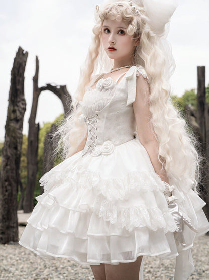 Lolita Wedding Rose Lace-up Tiered Bustier & Suspender Dress Set
