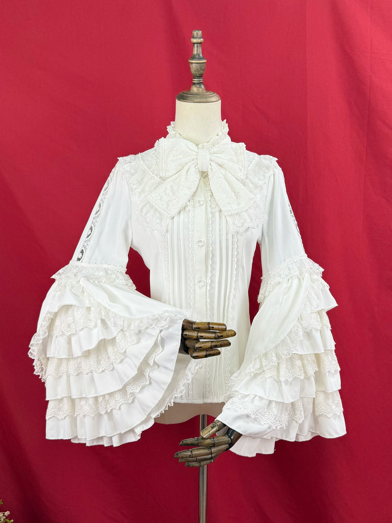 [pre-order] Ruffled Stand Collar Lace Princess Sleeve Classic Ribbon Blouse