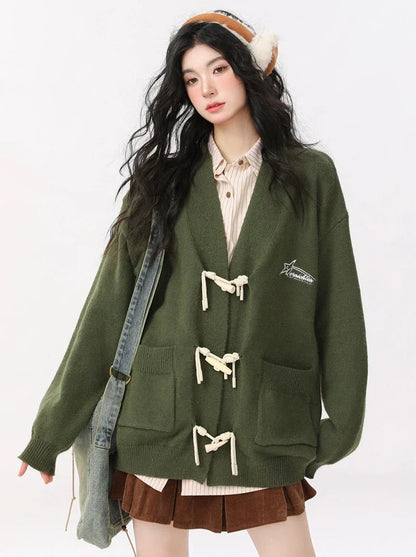 Retro Green Horn Button Cardigan Knit Jacket + Striped Shirt + Check Skirt