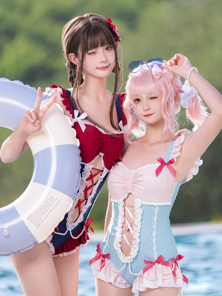 Ruffle Shoulder Pearl Ribbon Decoration Idol Style Swimsuit Dress