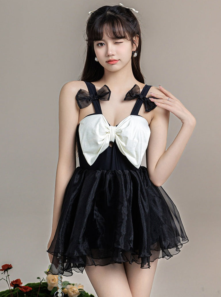 Ribbon Monochrome Lace One Piece Swimsuit