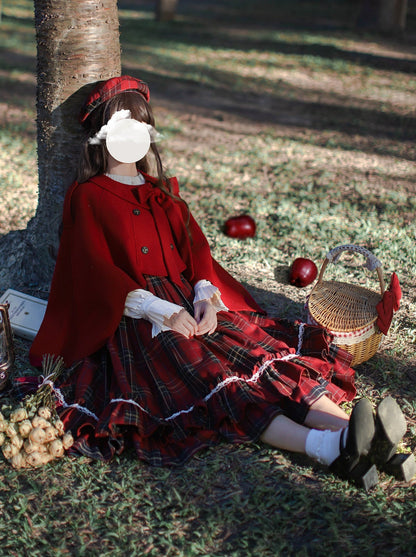 Little Red Riding Hood Cape Ribbon Coat + Pleated Collar Shirt + Plaid Tiered Dress + Head Scarf