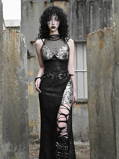 Punk Black Silver Mesh Sheer Slit Hooded Dress Suit