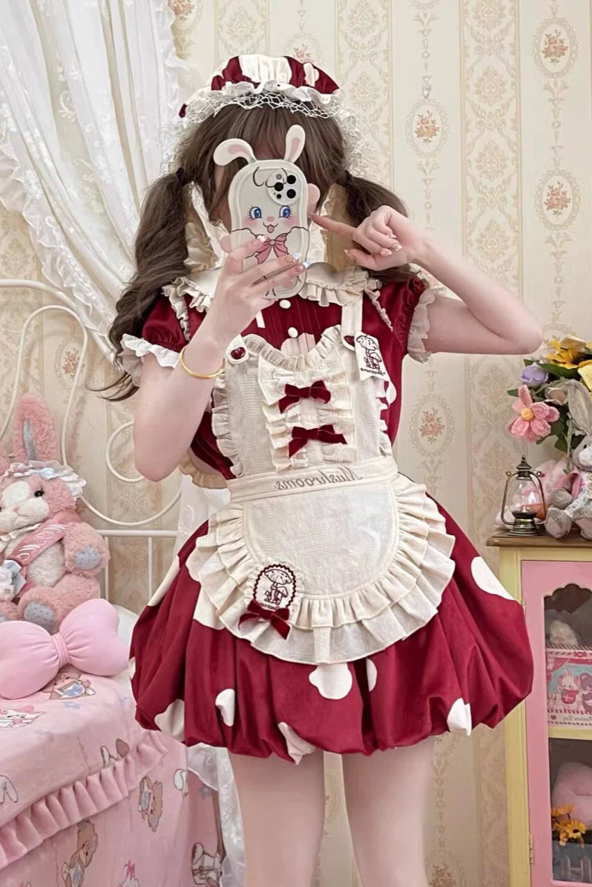 Mushroom Doll Dress + Ribbon Ruffle Apron + Ruffle Sleeves + Bunny Ear Hat