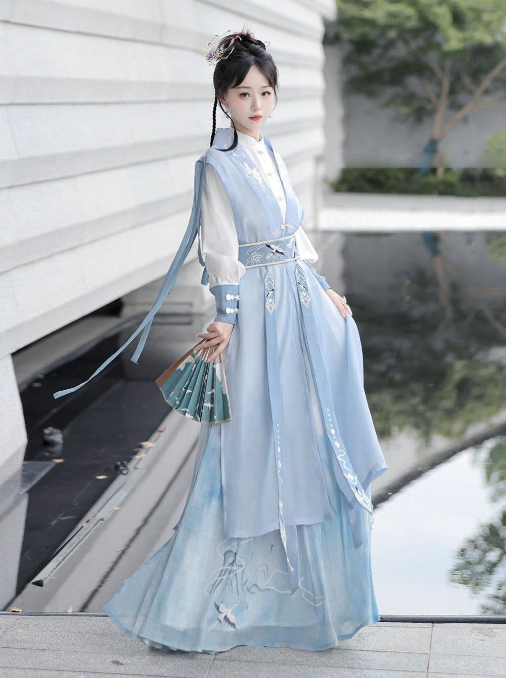 [pre-order] Light Blue Chinese-style Skirt + Tassel Long Vest + Chinese-style Blouse + Chinese-style Design Belt