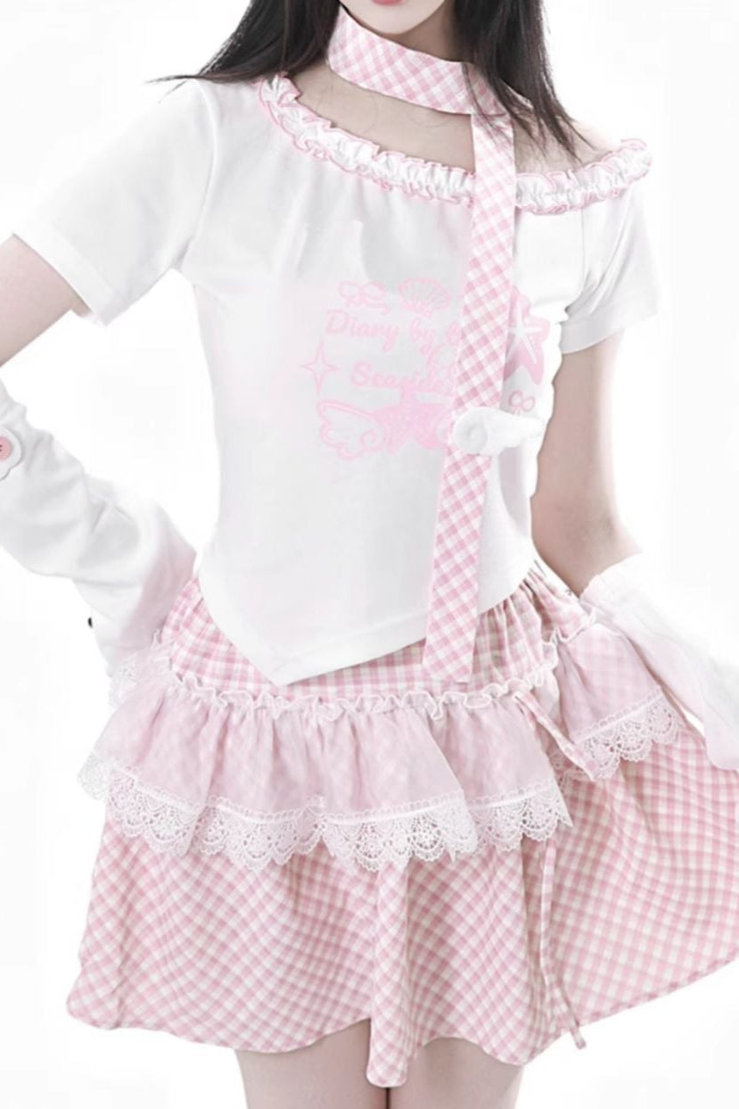 Pastel Sweet Twin T-shirt With Scarf + Puff Skirt + Arm Covers