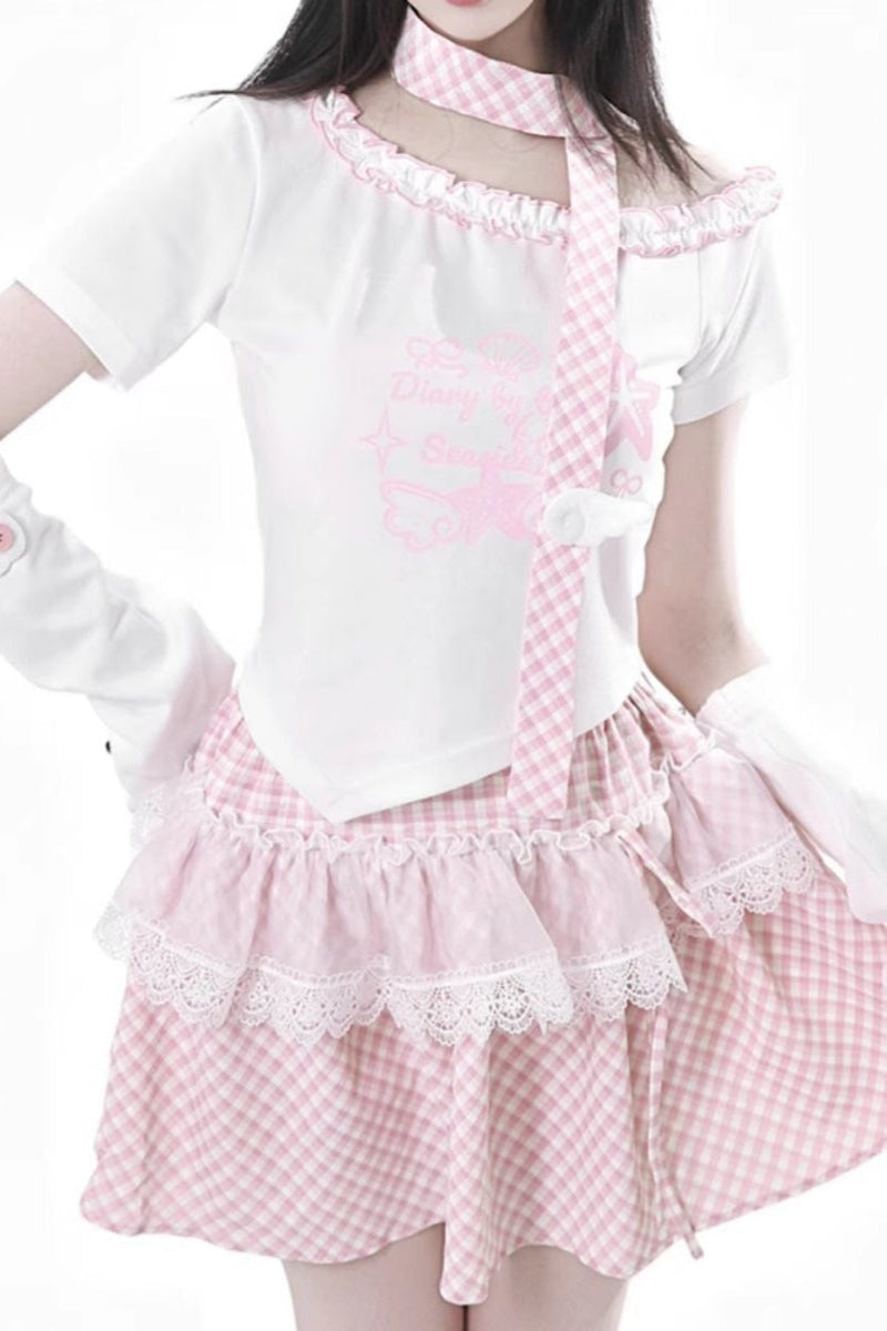 Pastel Sweet Twin T-shirt With Scarf + Puff Skirt + Arm Covers