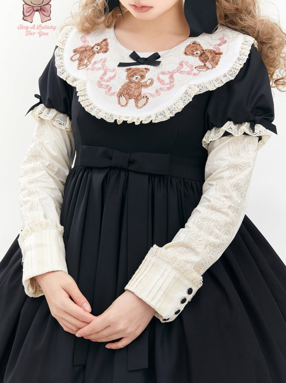 [pre-order] Lolita Teddy Bear Flap Lace Puff Sleeve Ribbon Dress