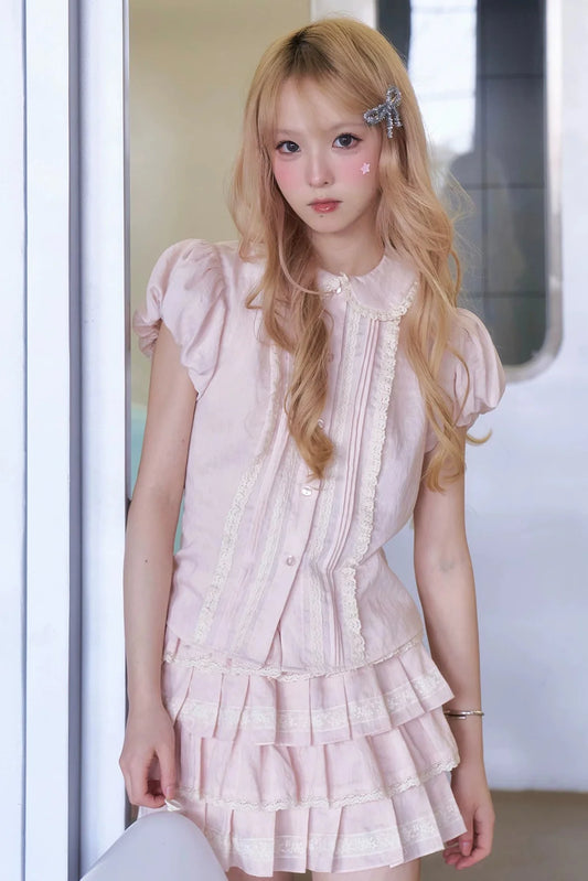 Peach Lace Doll Shirt + Tiered Skirt