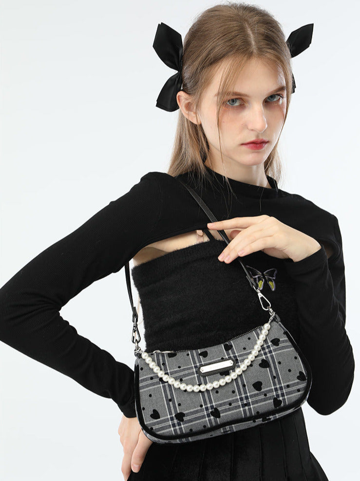 American Retro Sweet Cool Love Plaid Pearl Handle Shoulder Bag