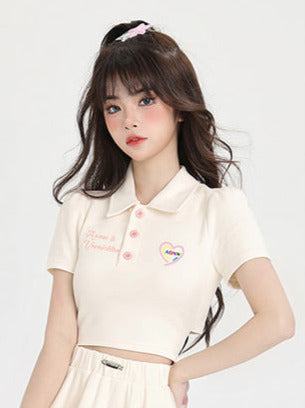 Back Ribbon Short Polo Collar Shirt + Ballet Style Skirt