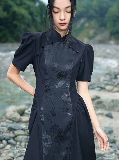 Jacquard Retro Puff Sleeve Chinese-style Dress