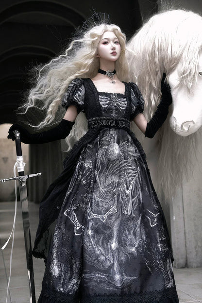 [pre-order Deadline: June 8] Phantom Knight Dark Gothic Square Neck Layered Dress (with Choker & Waist Belt)