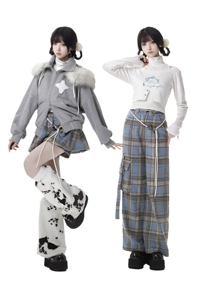 Starry Night Faux Fur Hoodie Plush Jacket Top Plaid Bottoms Set