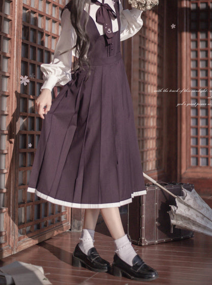 Retro Japanese-style Sleeve Knit Cardigan + Ruffle Stand Collar Shirt + Vest Dress + Ribbon + Corsage