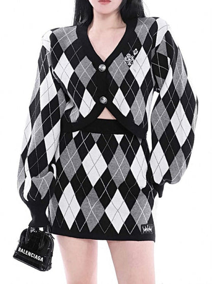 Spicy Retro Loose Slim Argyle Knit Suit Set