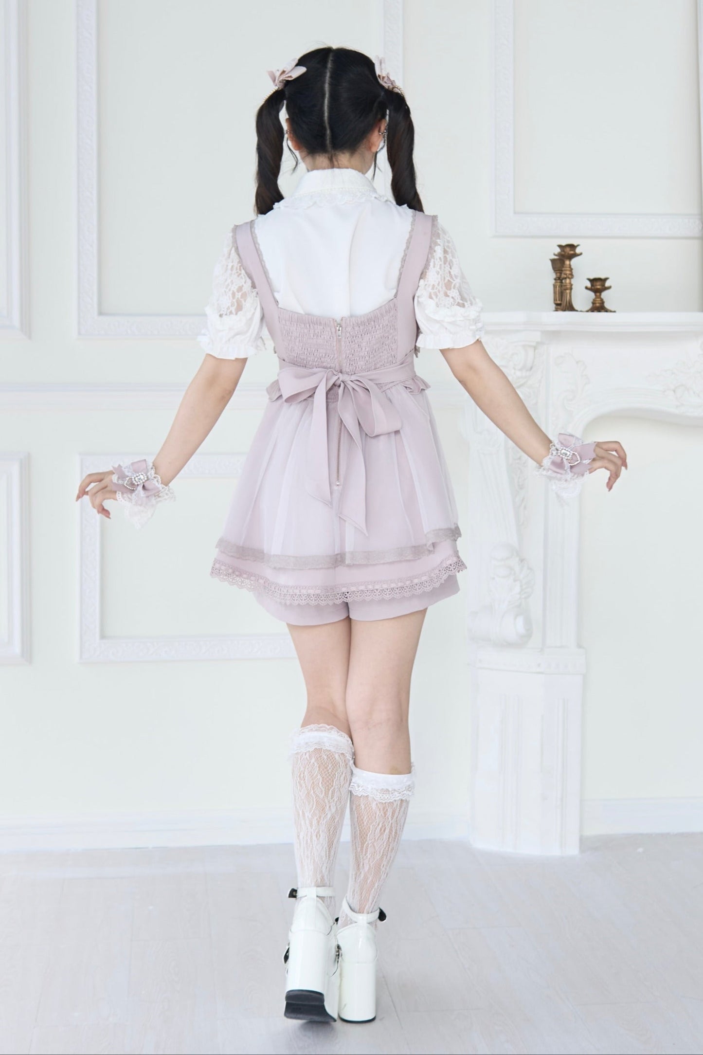 [pre-order] Spray Sheer Lace Sleeve Ribbon Shirt + Strap Bustier Dress