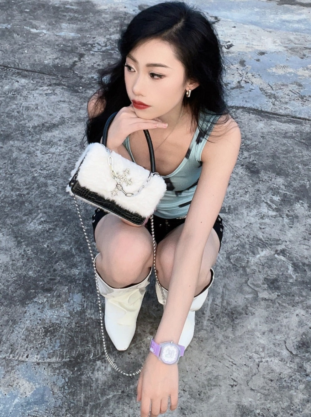 Original Gothic Cross Fur Chain Mini Bag