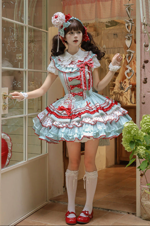 [pre-order Deadline: April 3] Twin Tiered Lolita Dot Ribbon Striped Dress + Flower Bud Skirt Dress