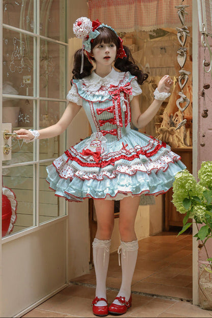 [pre-order Deadline: April 3] Twin Tiered Lolita Dot Ribbon Striped Dress + Flower Bud Skirt Dress