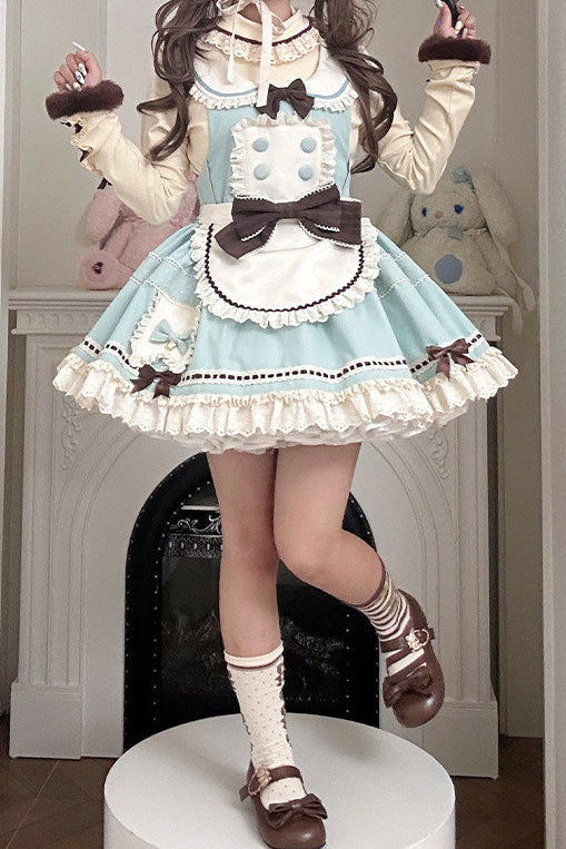[pre-order Item]chocolate Mint Sailor Collar Girly Maid Dress + Cake Hat