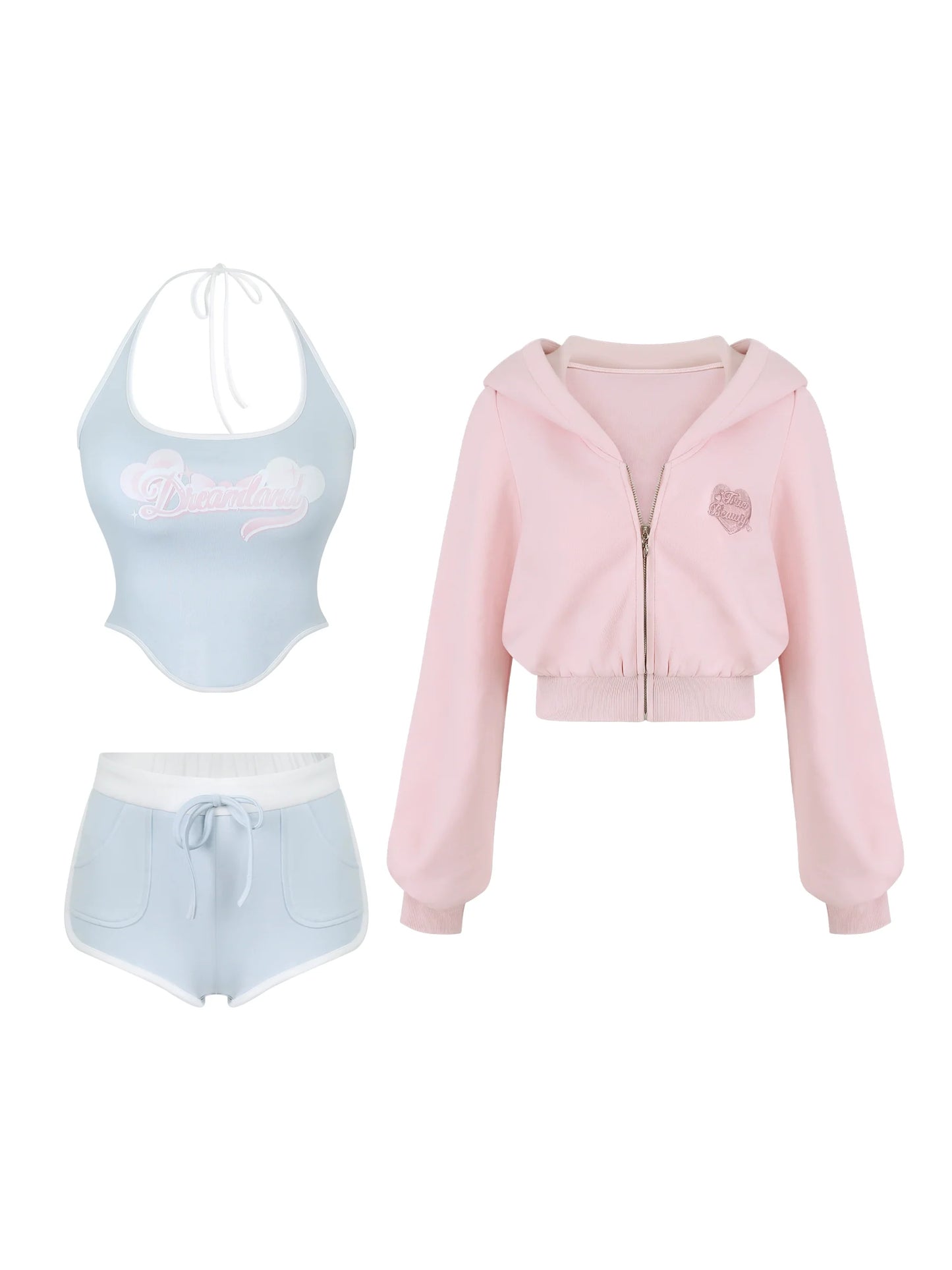 Sweet Pink American Hoodie + Tops + Shorts
