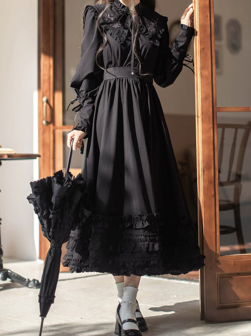 Retro French Leg-of-mutton Dark Dress + Belt