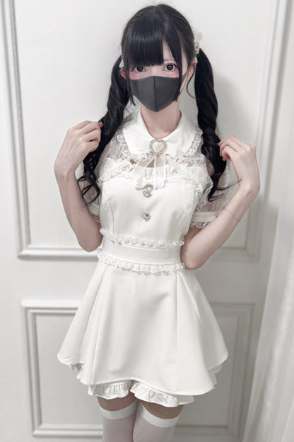 Lace Shawl Ribbon Shirt Collar Top + Shorts