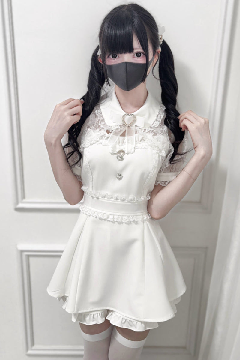 Lace Shawl Ribbon Shirt Collar Top + Shorts