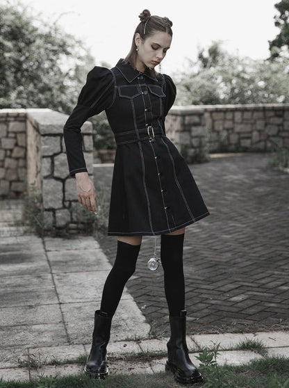 Double Pocket Waist Mark Denim Dress