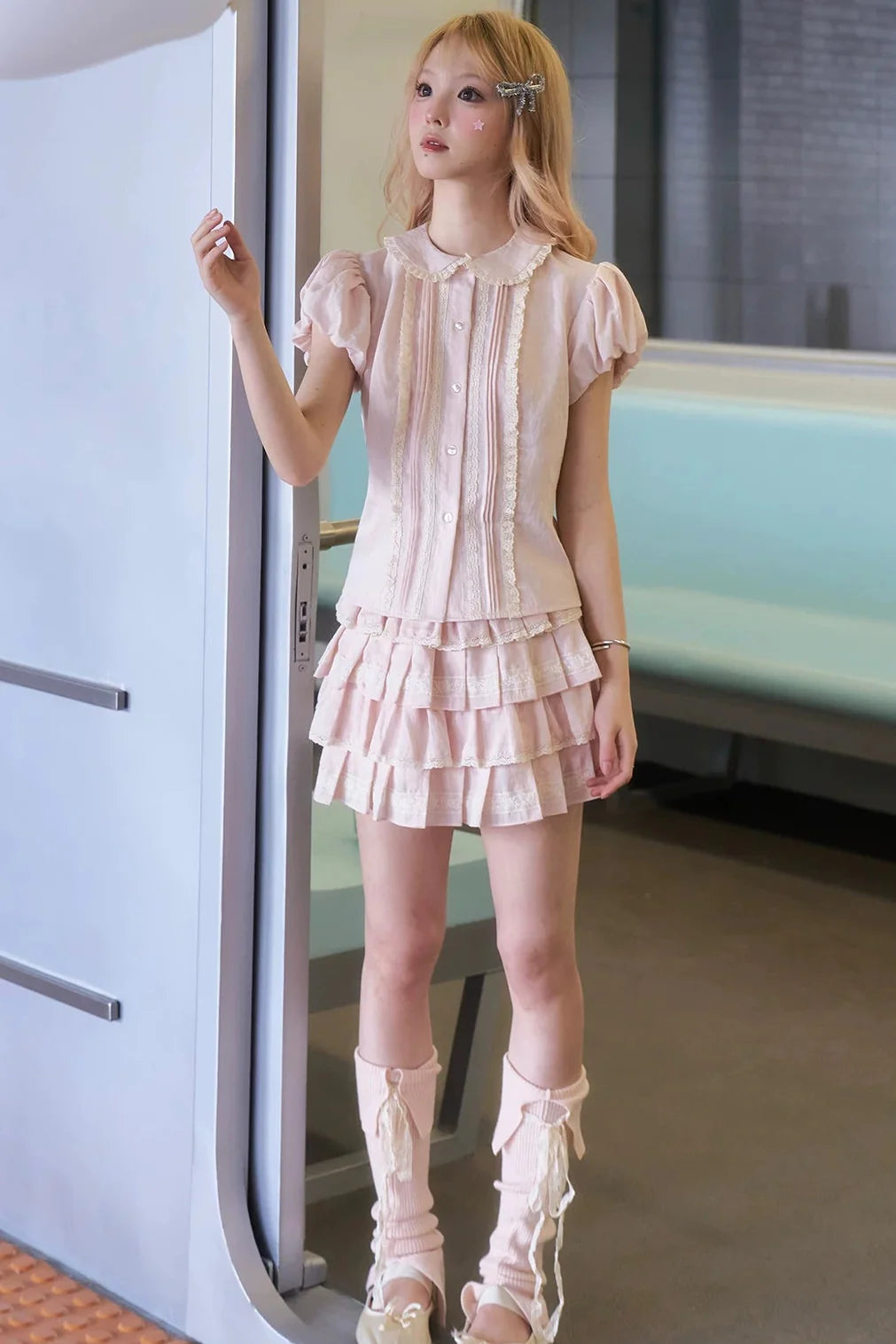 Peach Lace Doll Shirt + Tiered Skirt