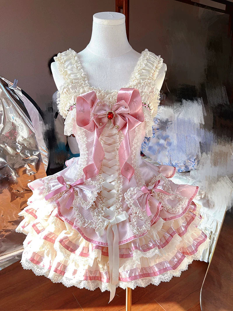 [pre-order Deadline: April 30] Sweet Pink Lolita Lace Ribbon Corset Tiered Jsk Dress