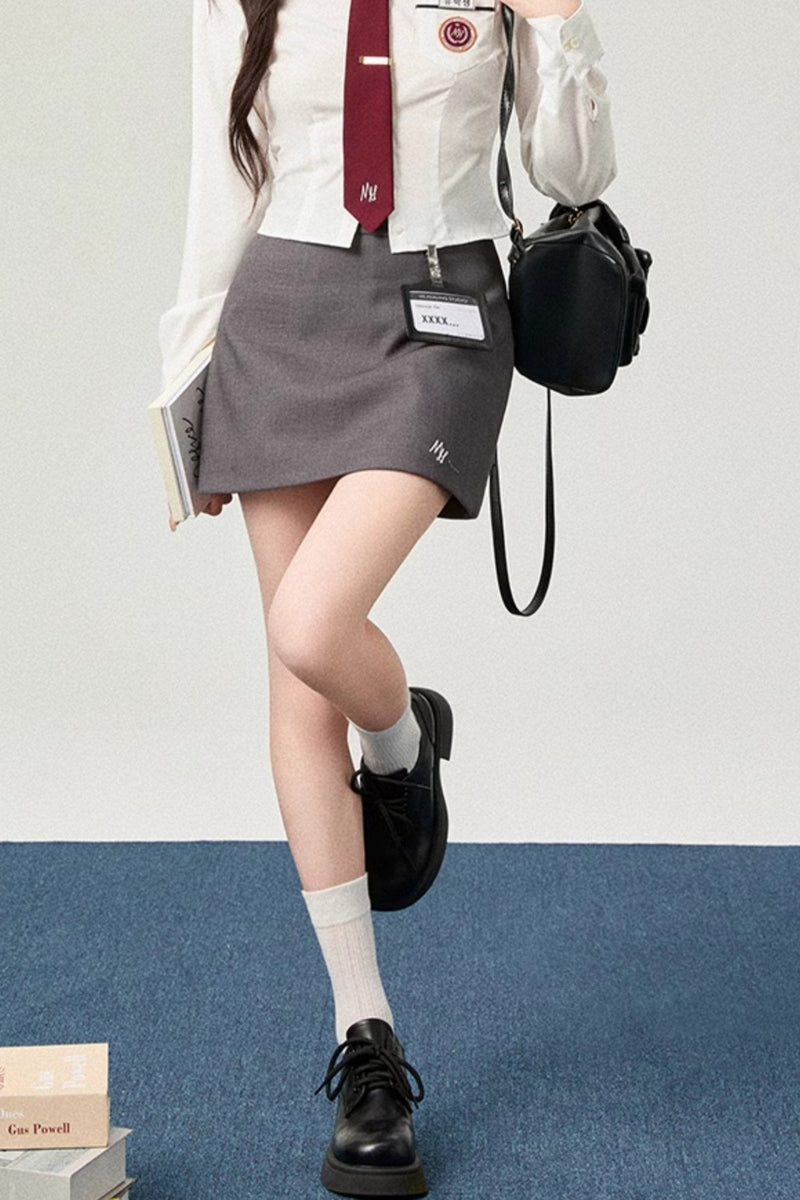 Korean White Waist Cinched Shirt + Gray Back Hip Skirt