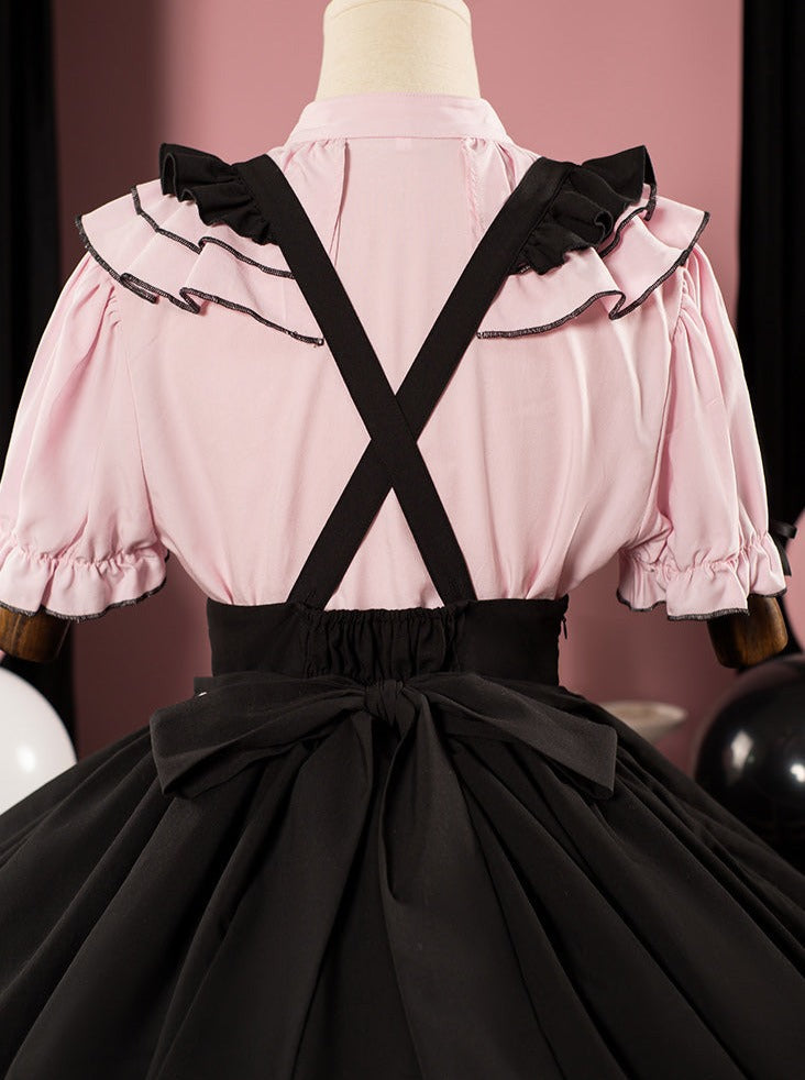 Berry Fleur Sweet Girl Blouse Black Pink Suspender Dress Set