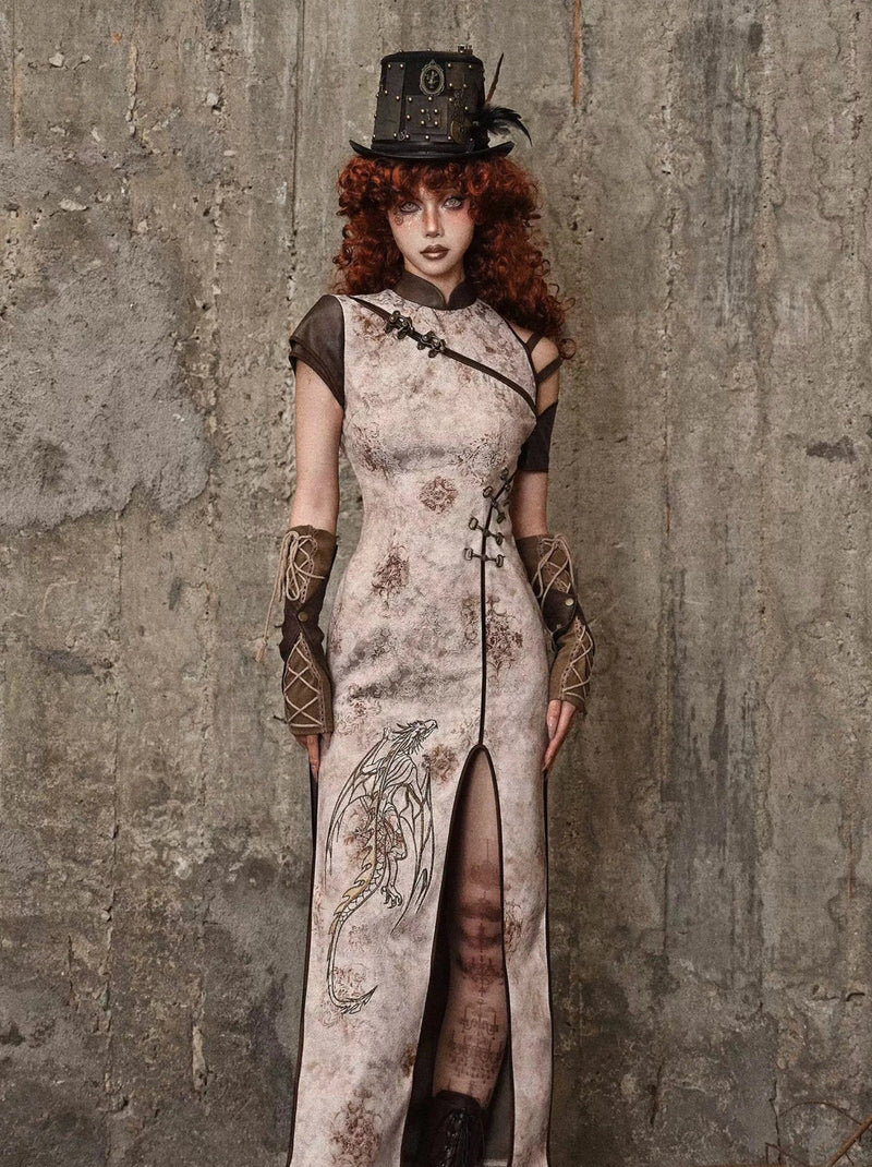 Retro Punk Strap Dragon Embroidery Chinese-style Slit Dress