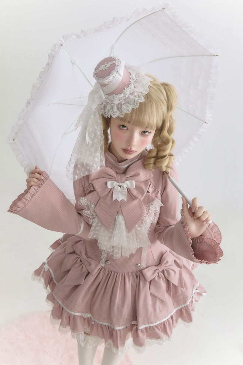 [pre-order Deadline: April 25] Phantom Cat Sweet Ribbon Stripe Lace Bell Sleeve Lolita Dress