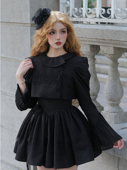 Night Traveler Classic Black Gothic Lace Jacket Dress + Ruffle White Blouse and Black Dress