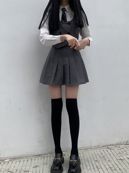 Plaid Necktie Shirt + Double-breasted Vest + Asymmetric Pleated Skirt