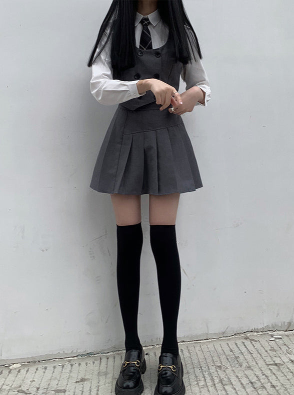 Plaid Necktie Shirt + Double-breasted Vest + Asymmetric Pleated Skirt