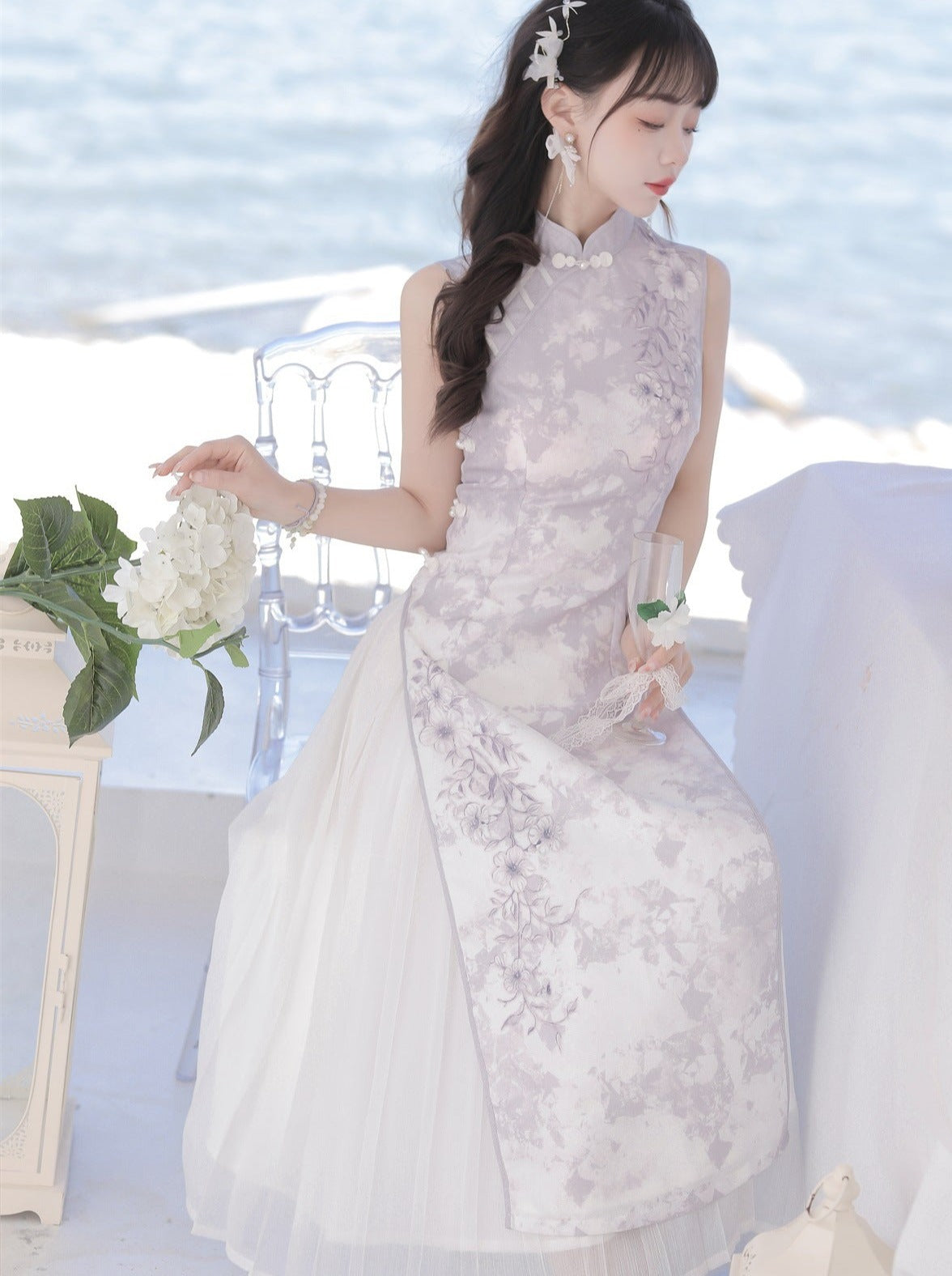 Light Purple Flower Chinese-style Dress + Ruffle Sheer Cardigan