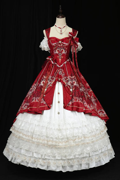 [pre-order Deadline: May 3] Red White Corset Lace Ribbon Lolita Jks Princess Dress + Complete Set