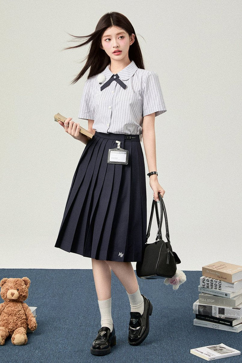 Flower Bell Tie Short Sleeve Shirt + Short Skirt + Long Skirt