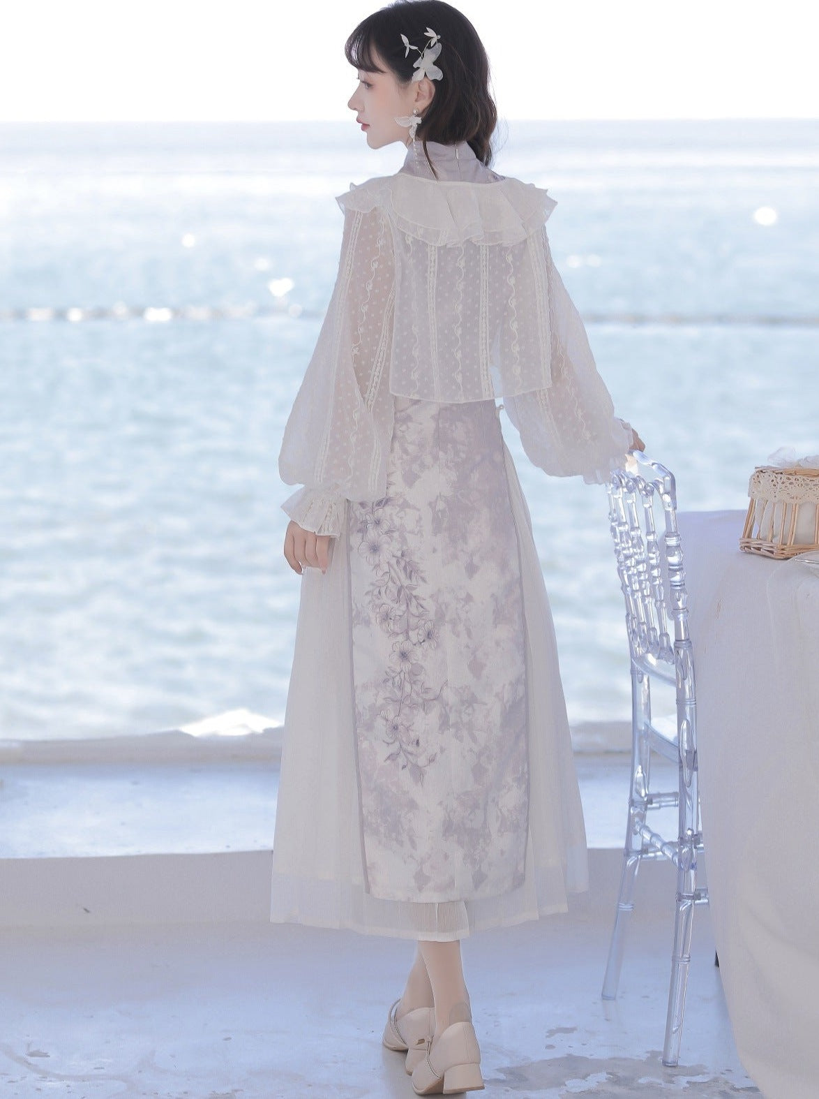 Sheer Cardigan + Flower Cheongsam Dress + Pleated Skirt