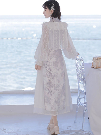 Sheer Cardigan + Flower Cheongsam Dress + Pleated Skirt